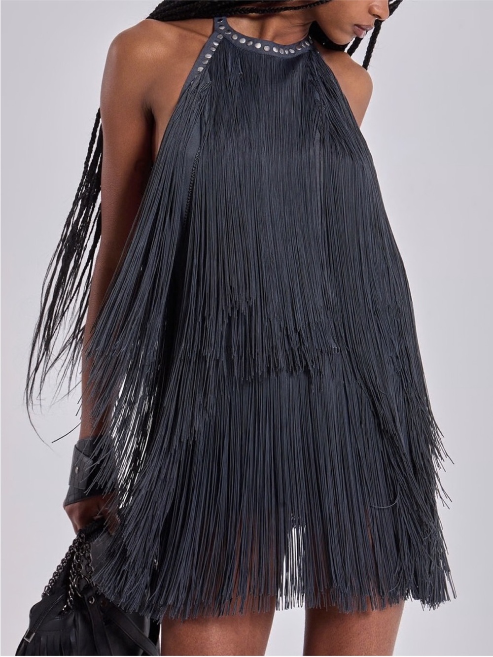 JADED LONDON Vadra Backless Fringe Mini Dress, Charcoal Grey, 4(US)